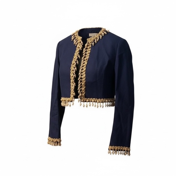 Vintage 1970s Joan Leslie by Kasper women's Jacket Navy Blue With Wood Appliqué - Picture 1 of 10